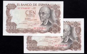 Pareja correlativa 100 Pesetas 1970, serie 9C, S/C-