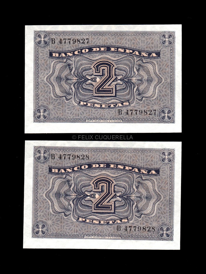 Pareja correlativa 2 Pesetas Octubre 1937, serie B, S/C-, marquita en lateral reverso Pareja correlativa 2 Pesetas Octubre 1937, serie B, S/C-, marquita en lateral reverso