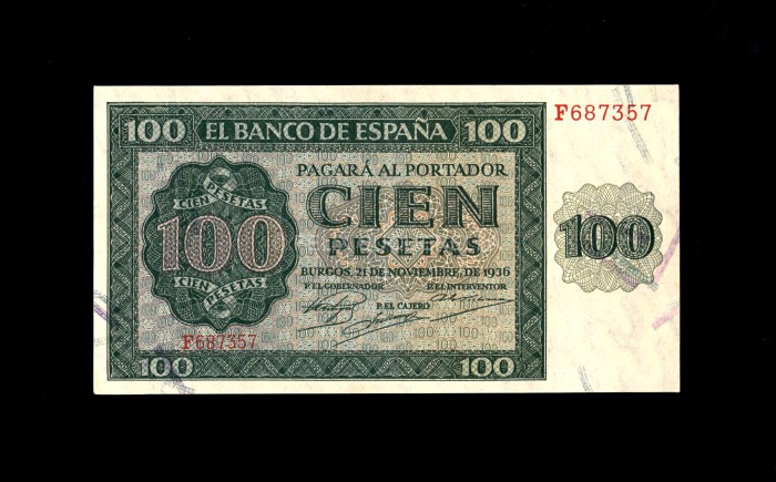 100 Pesetas 1936, serie F, EBC+, inapreciable doblez central anverso 100 Pesetas 1936, serie F, EBC+, inapreciable doblez central anverso