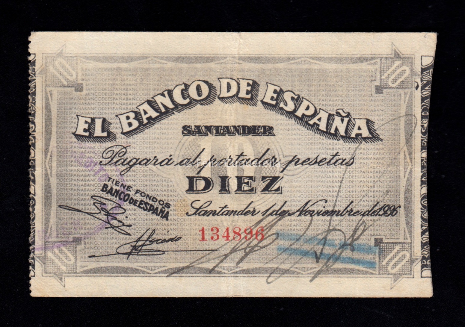Banco de Santander 1936, 10 pesetas, MBC+ Banco de Santander 1936, 10 pesetas, MBC+