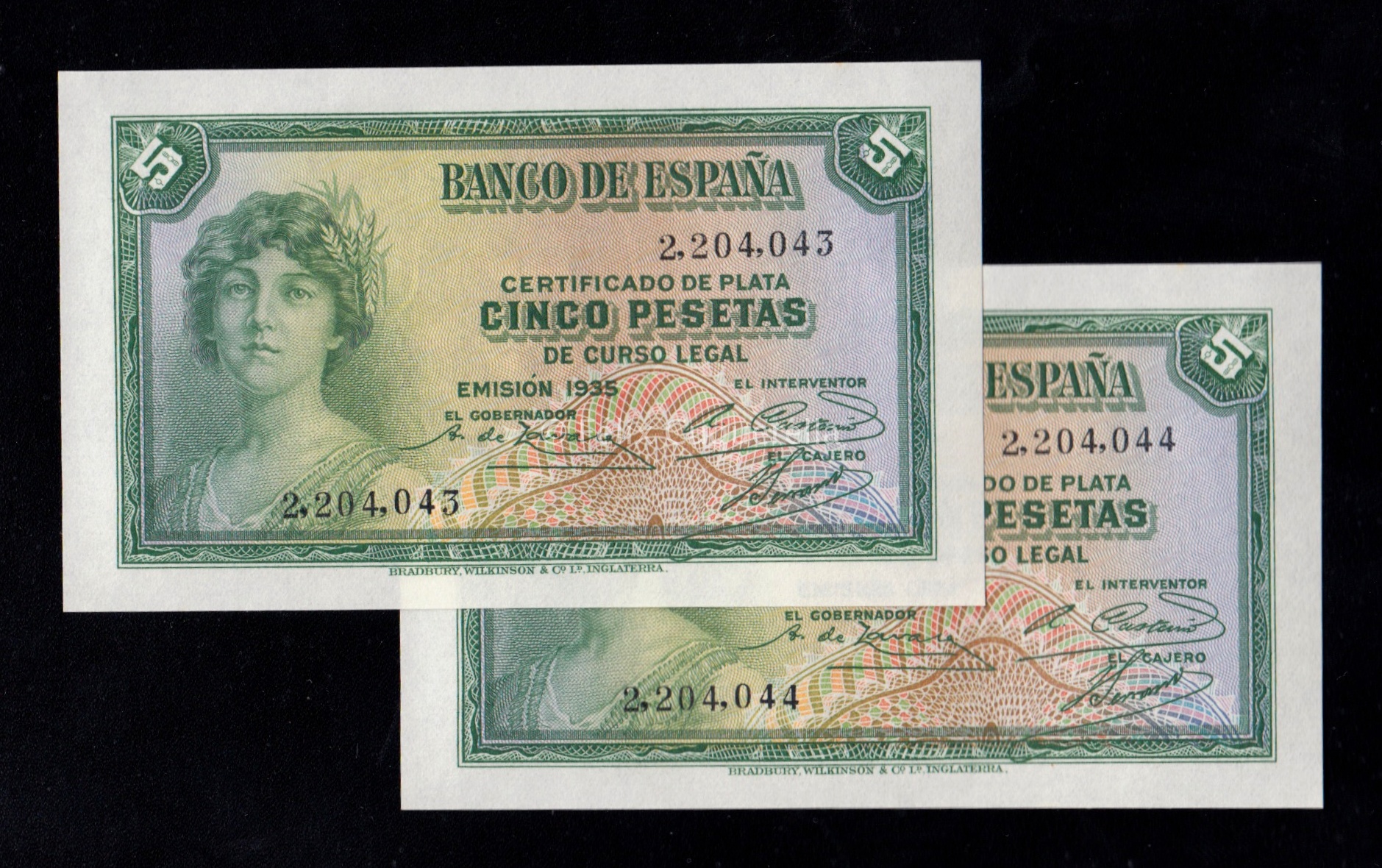 Pareja correlativa 5 Pesetas 1935, sin serie, S/C- Pareja correlativa 5 Pesetas 1935, sin serie, S/C-