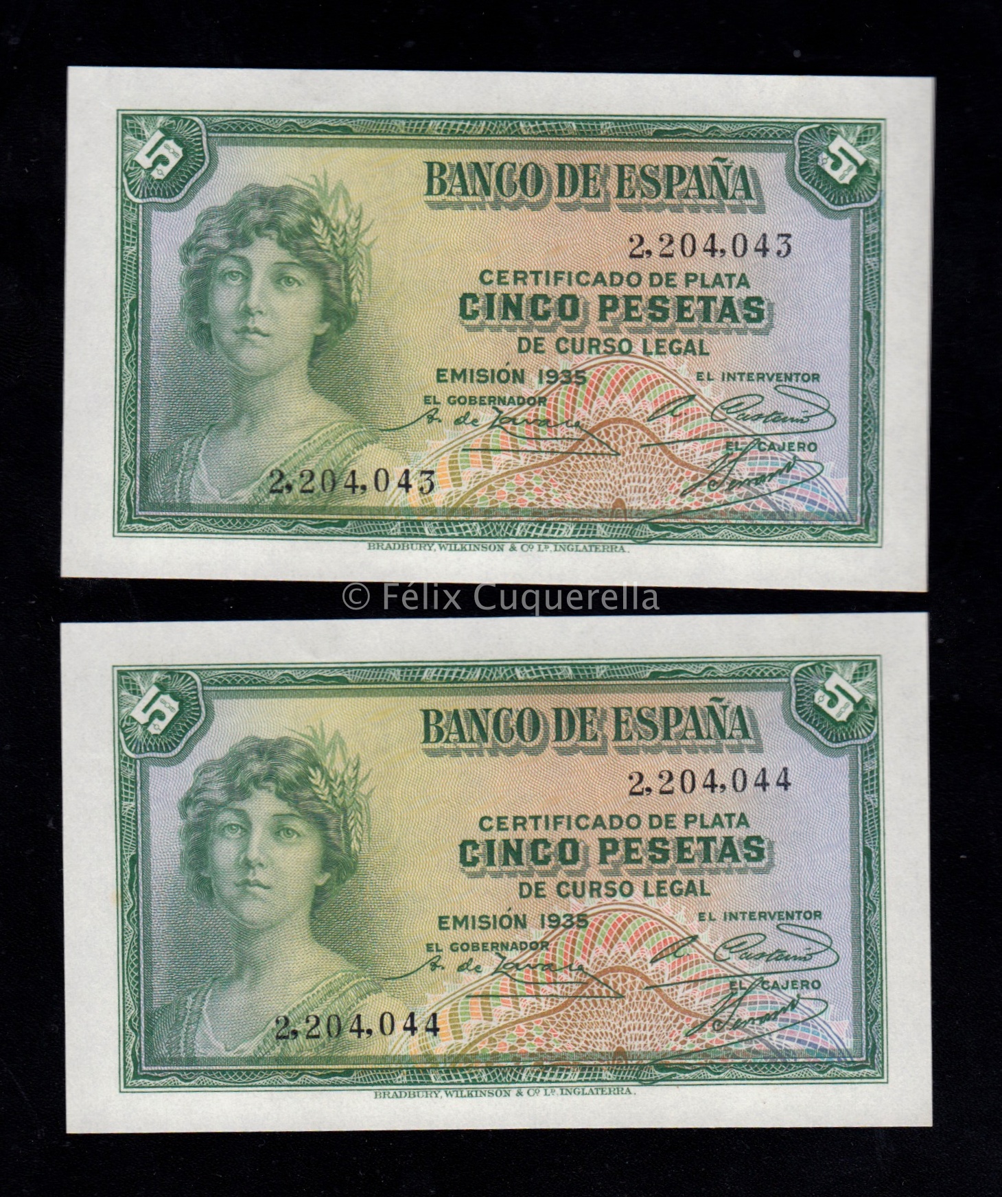 Pareja correlativa 5 Pesetas 1935, sin serie, S/C- Pareja correlativa 5 Pesetas 1935, sin serie, S/C-