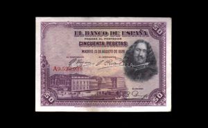 50 Pesetas 1928, serie A, numeración alta correspondiente a la República, MBC, pico doblado anverso 50 Pesetas 1928, serie A, numeración alta correspondiente a la República, MBC, pico doblado anverso