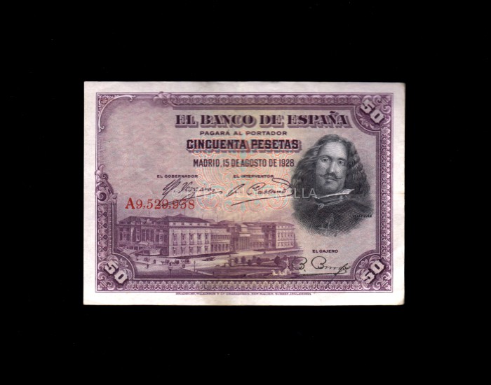 50 Pesetas 1928, serie A, numeración alta correspondiente a la República, MBC, pico doblado anverso 50 Pesetas 1928, serie A, numeración alta correspondiente a la República, MBC, pico doblado anverso