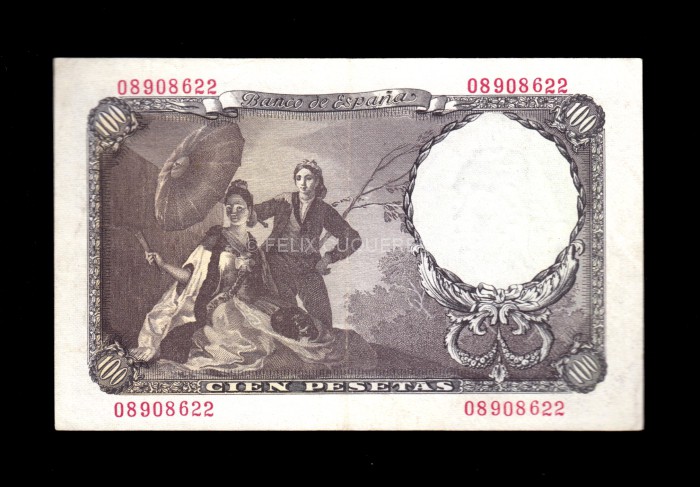 100 Pesetas 1946, sin serie, EBC-, márgenes sucios reverso 100 Pesetas 1946, sin serie, EBC-, márgenes sucios reverso