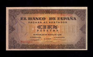 100 Pesetas 1938, serie F, MBC-, puntos de aguja anverso 100 Pesetas 1938, serie F, MBC-, puntos de aguja anverso