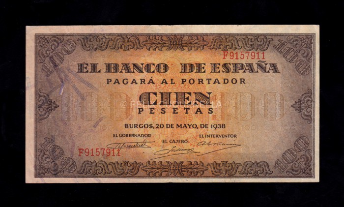 100 Pesetas 1938, serie F, MBC-, puntos de aguja anverso 100 Pesetas 1938, serie F, MBC-, puntos de aguja anverso