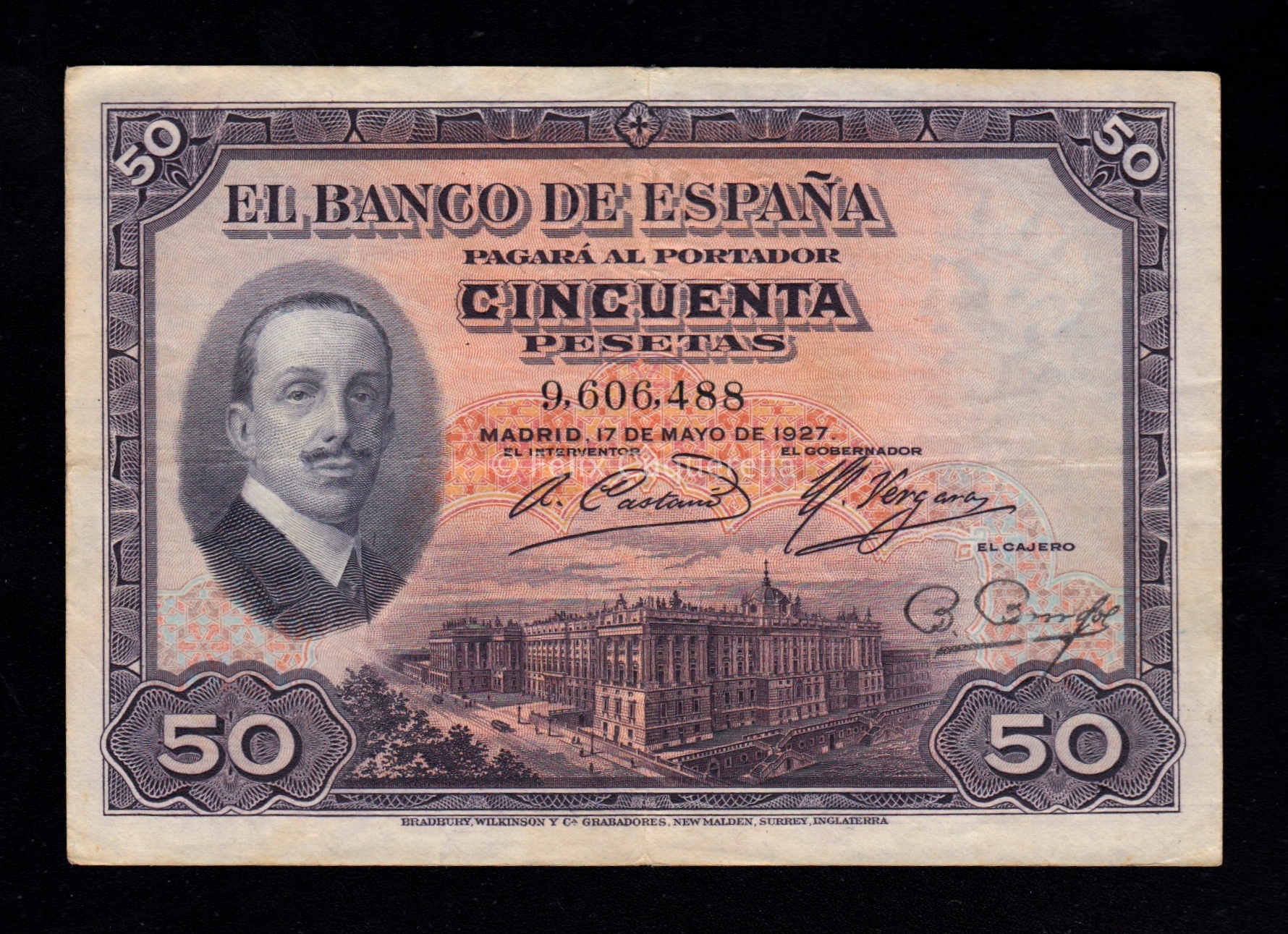 50 Pesetas 1927, sin serie, sello en seco de Estado Español, MBC 50 Pesetas 1927, sin serie, sello en seco de Estado Español, MBC
