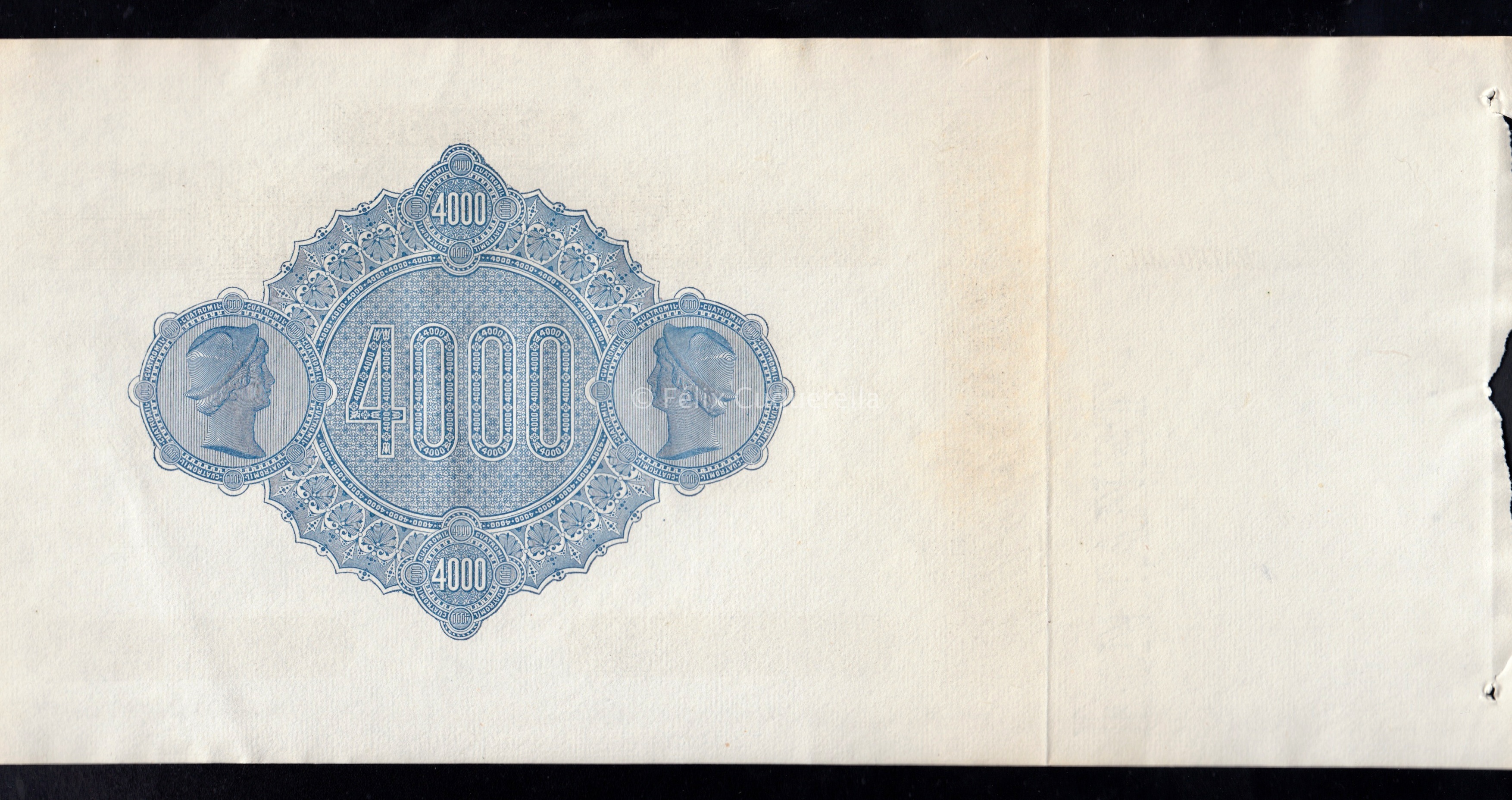 Cádiz, 4000 reales de Vellón, Aramburu Hermanos, S/C-, roturas en margen izquierdo, con matriz, sin fecha ni firmas Cádiz, 4000 reales de Vellón, Aramburu Hermanos, S/C-, roturas en margen izquierdo, con matriz, sin fecha ni firmas