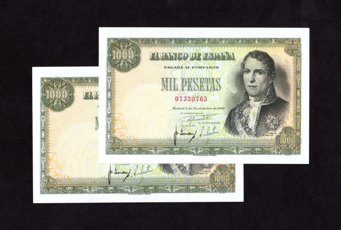 Pareja correlativa 1000 pesetas 1949, sin serie, EBC+ Pareja correlativa 1000 pesetas 1949, sin serie, EBC+