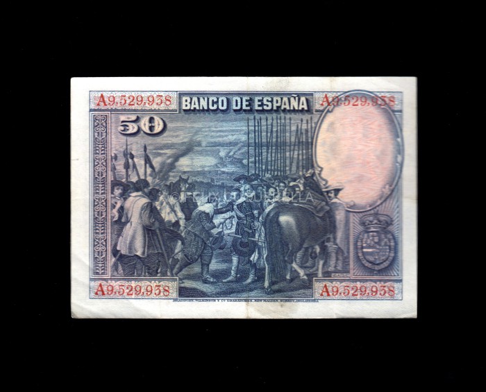 50 Pesetas 1928, serie A, numeración alta correspondiente a la República, MBC, pico doblado reverso