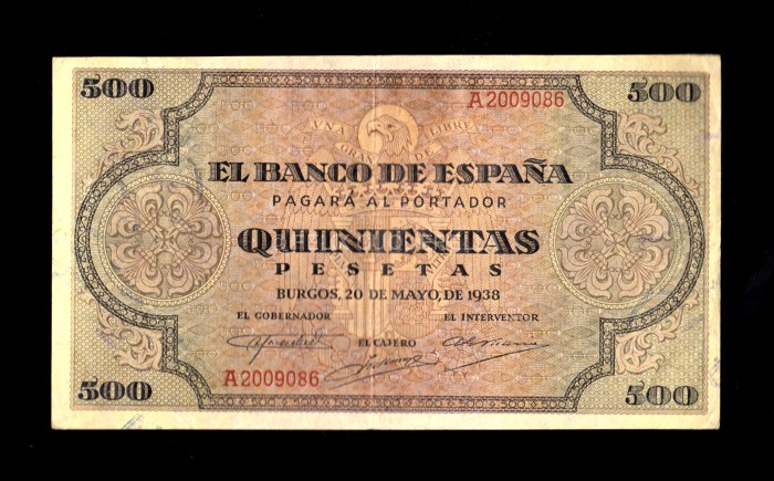 500 Pesetas 1938, serie A, EBC, pico doblado, doblez central muy marcado, marquita en el pico anverso 500 Pesetas 1938, serie A, EBC, pico doblado, doblez central muy marcado, marquita en el pico anverso