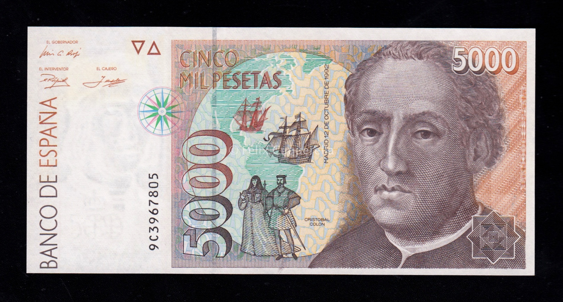 5000 Pesetas 1992, serie 9C, EBC- 5000 Pesetas 1992, serie 9C, EBC-
