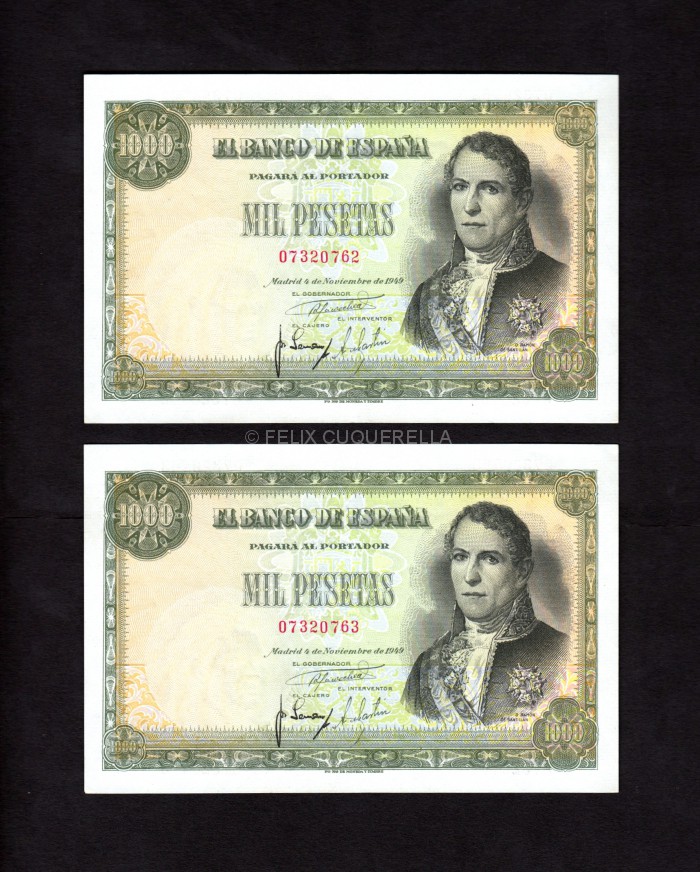Pareja correlativa 1000 pesetas 1949, sin serie, EBC+ anverso Pareja correlativa 1000 pesetas 1949, sin serie, EBC+ anverso