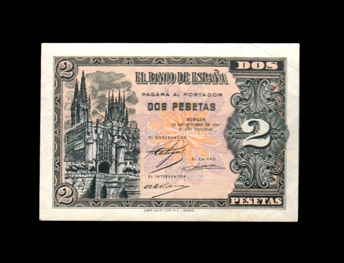 2 Pesetas Octubre 1937, serie A, EBC+, esquina doblada anverso 2 Pesetas Octubre 1937, serie A, EBC+, esquina doblada anverso