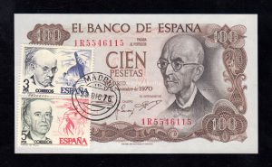 100 Pesetas 1970, serie 1R, S/C, con sellos conmemorativos de la exposición de 1976