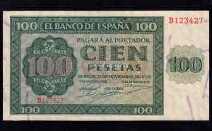 100 Pesetas 1936, serie B, S/C-, pico doblado