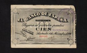Banco de Santander 1936, 100 pesetas, MBC-, sello de la delegación de Barcelona anverso