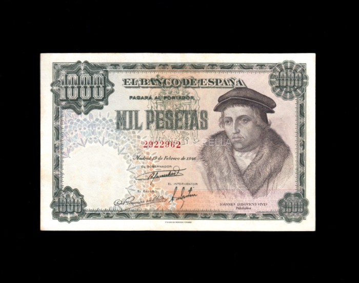 1000 pesetas 1946, sin serie, EBC-, con todo su apresto, manchitas en reverso anverso 1000 pesetas 1946, sin serie, EBC-, con todo su apresto, manchitas en reverso anverso