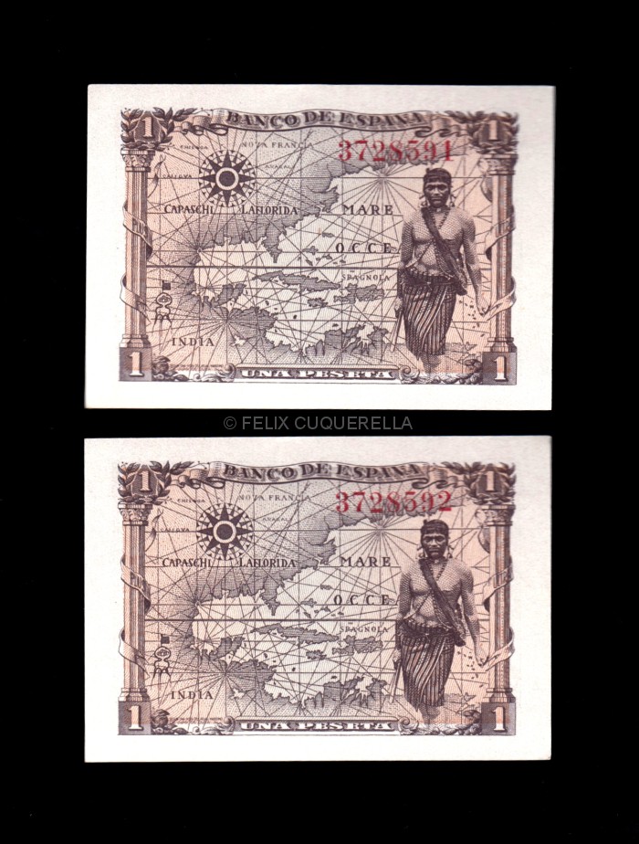 Pareja correlativa 1 peseta 1945, sin serie, S/C-, pico doblado reverso Pareja correlativa 1 peseta 1945, sin serie, S/C-, pico doblado reverso