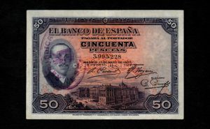 50 pesetas 1927, sin serie, MBC-, sello república en tinta anverso