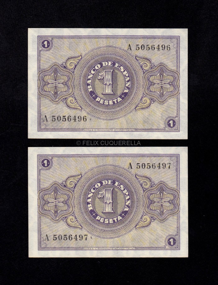 Pareja correlativa 1 Peseta Febrero 1938, serie A, S/C , pico doblado reverso Pareja correlativa 1 Peseta Febrero 1938, serie A, S/C , pico doblado reverso