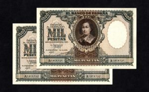 Pareja Correlativa 1000 pesetas Enero 1940, serie A, EBC, pliegue de papel