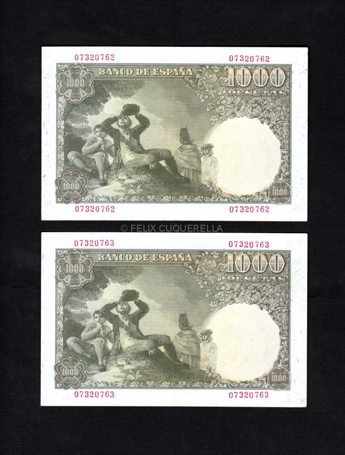 Pareja correlativa 1000 pesetas 1949, sin serie, EBC+ reverso Pareja correlativa 1000 pesetas 1949, sin serie, EBC+ reverso