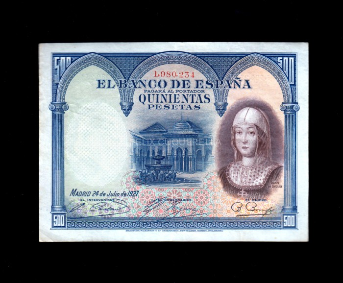 500 Pesetas 1927, sin serie, número correspondiente a la República, MBC, sucio anverso 500 Pesetas 1927, sin serie, número correspondiente a la República, MBC, sucio anverso
