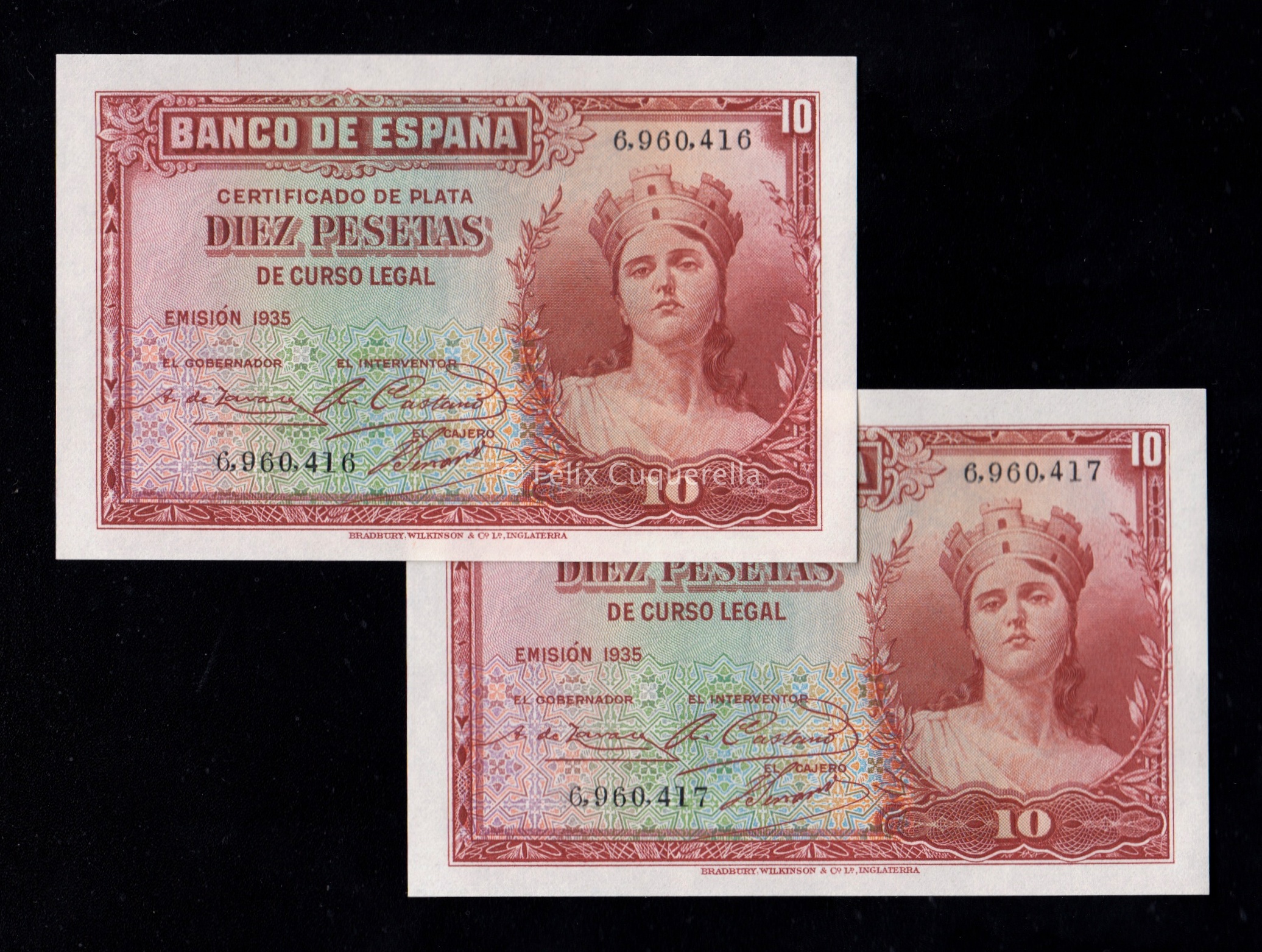 Pareja correlativa 10 pesetas 1935, sin serie, S/C Pareja correlativa 10 pesetas 1935, sin serie, S/C