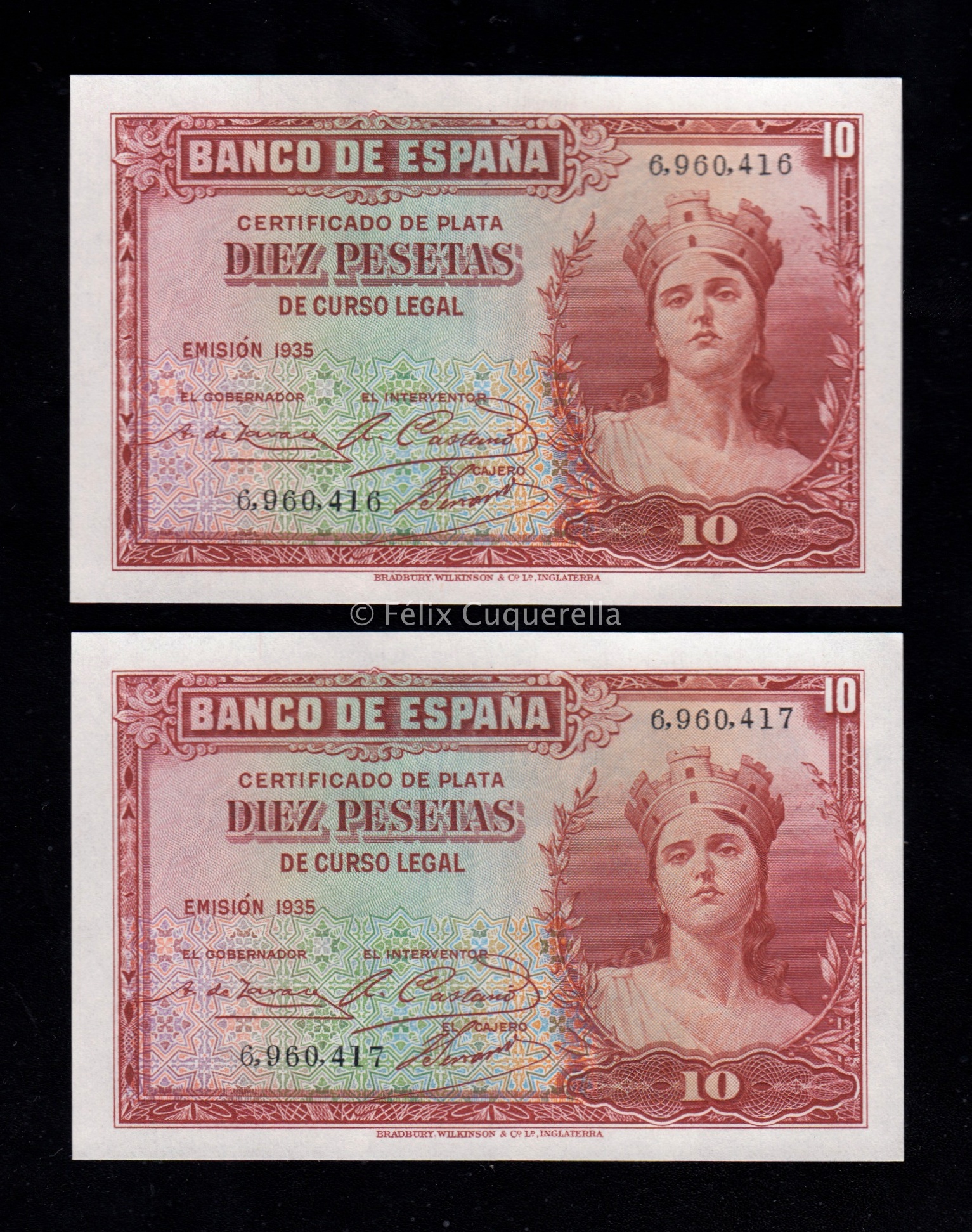 Pareja correlativa 10 pesetas 1935, sin serie, S/C Pareja correlativa 10 pesetas 1935, sin serie, S/C