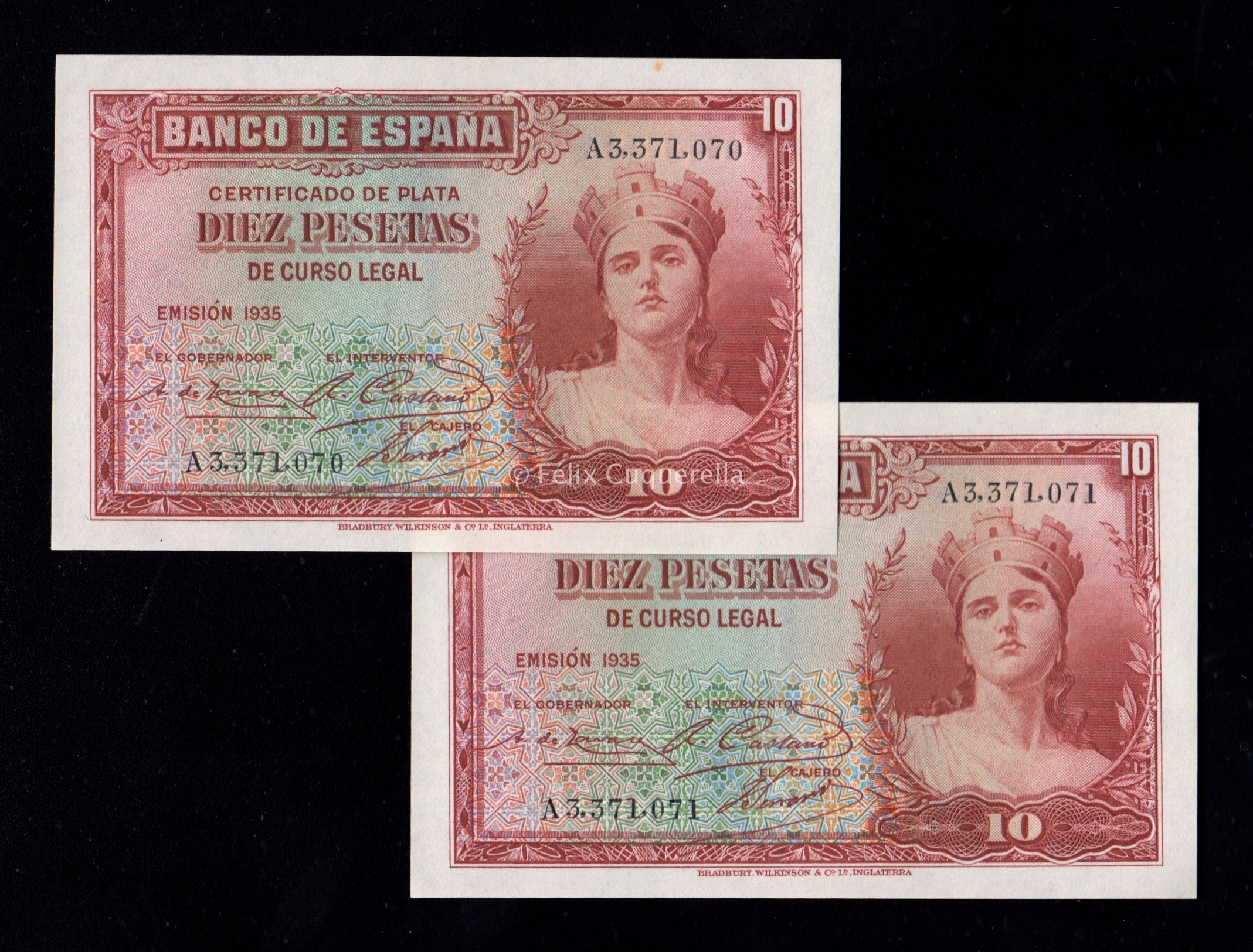 Pareja correlativa 10 pesetas 1935, serie A, S/C, manchita en margen superior en uno de los billetes Pareja correlativa 10 pesetas 1935, serie A, S/C, manchita en margen superior en uno de los billetes