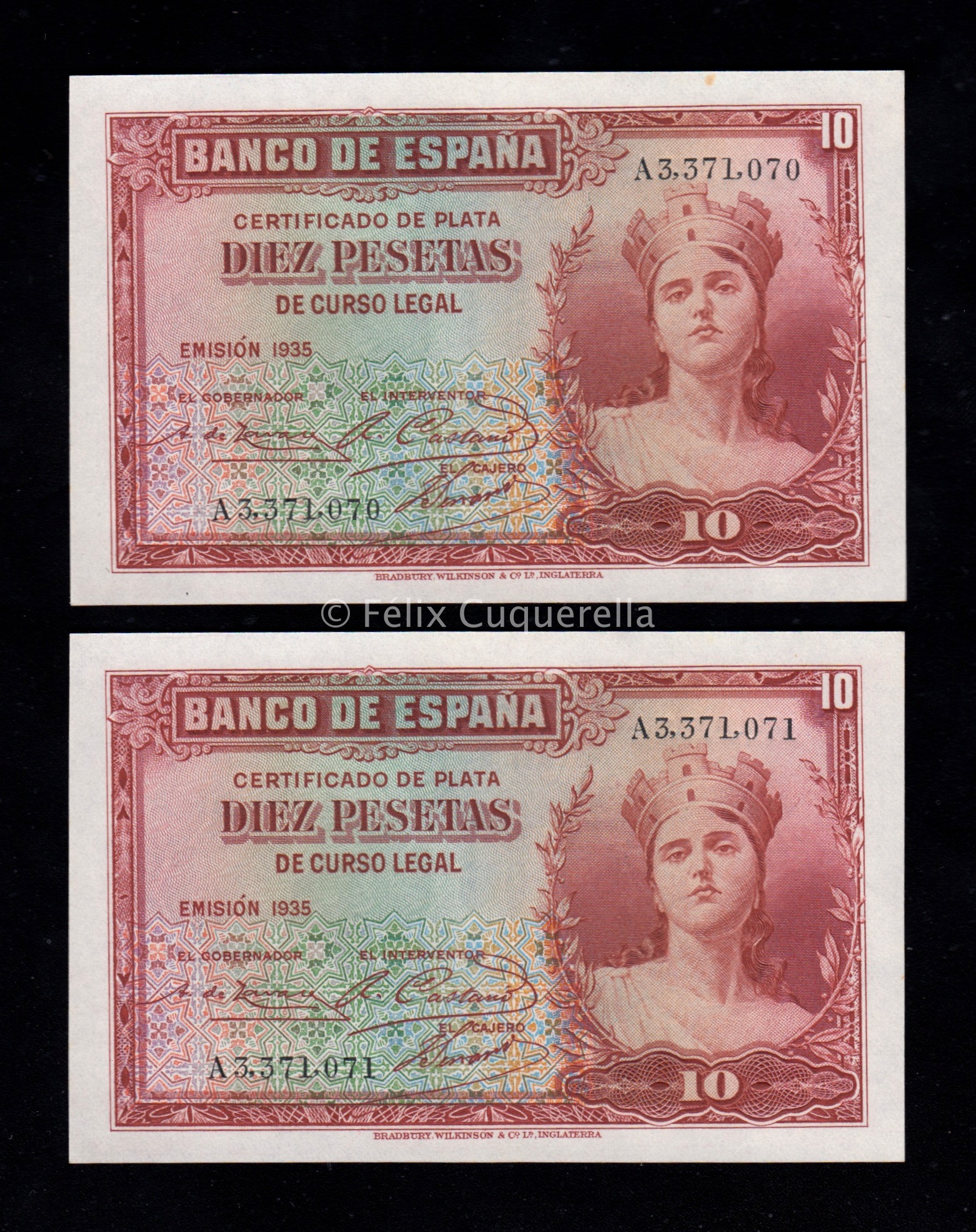 Pareja correlativa 10 pesetas 1935, serie A, S/C, manchita en margen superior en uno de los billetes Pareja correlativa 10 pesetas 1935, serie A, S/C, manchita en margen superior en uno de los billetes