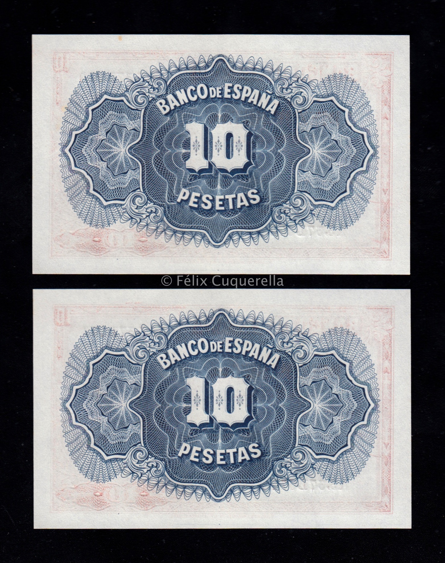 Pareja correlativa 10 pesetas 1935, serie A, S/C, manchita en margen superior en uno de los billetes Pareja correlativa 10 pesetas 1935, serie A, S/C, manchita en margen superior en uno de los billetes