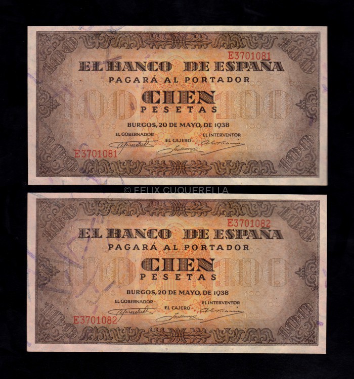 Pareja correlativa 100 Pesetas 1938, serie E, S/C anverso Pareja correlativa 100 Pesetas 1938, serie E, S/C anverso