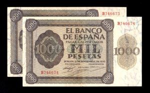 Pareja correlativa 1000 Pesetas 1936, serie B, EBC+