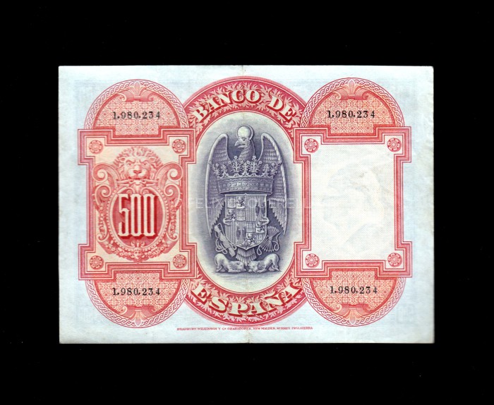500 Pesetas 1927, sin serie, número correspondiente a la República, MBC, sucio reverso 500 Pesetas 1927, sin serie, número correspondiente a la República, MBC, sucio reverso