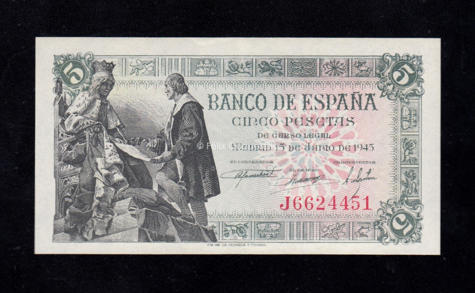 5 pesetas 1945, serie J, EBC+ 5 pesetas 1945, serie J, EBC+