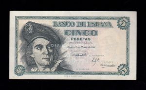 5 pesetas 1948, serie C, EBC-, varios dobleces verticales