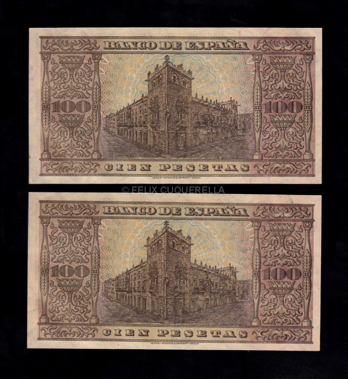 Pareja correlativa 100 Pesetas 1938, serie E, S/C reverso Pareja correlativa 100 Pesetas 1938, serie E, S/C reverso