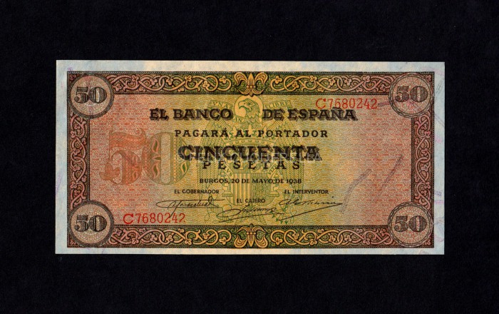 50 pesetas 1938, serie C, S/C-, pliegue de papel en el centro anverso 50 pesetas 1938, serie C, S/C-, pliegue de papel en el centro anverso