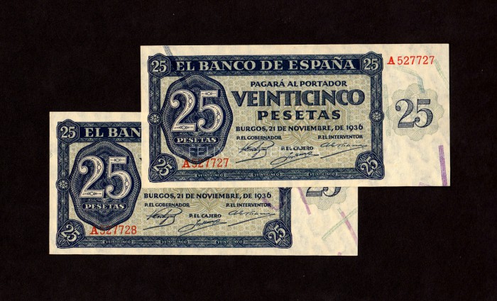 Pareja correlativa 25 pesetas 1936, serie A, S/C- Pareja correlativa 25 pesetas 1936, serie A, S/C-