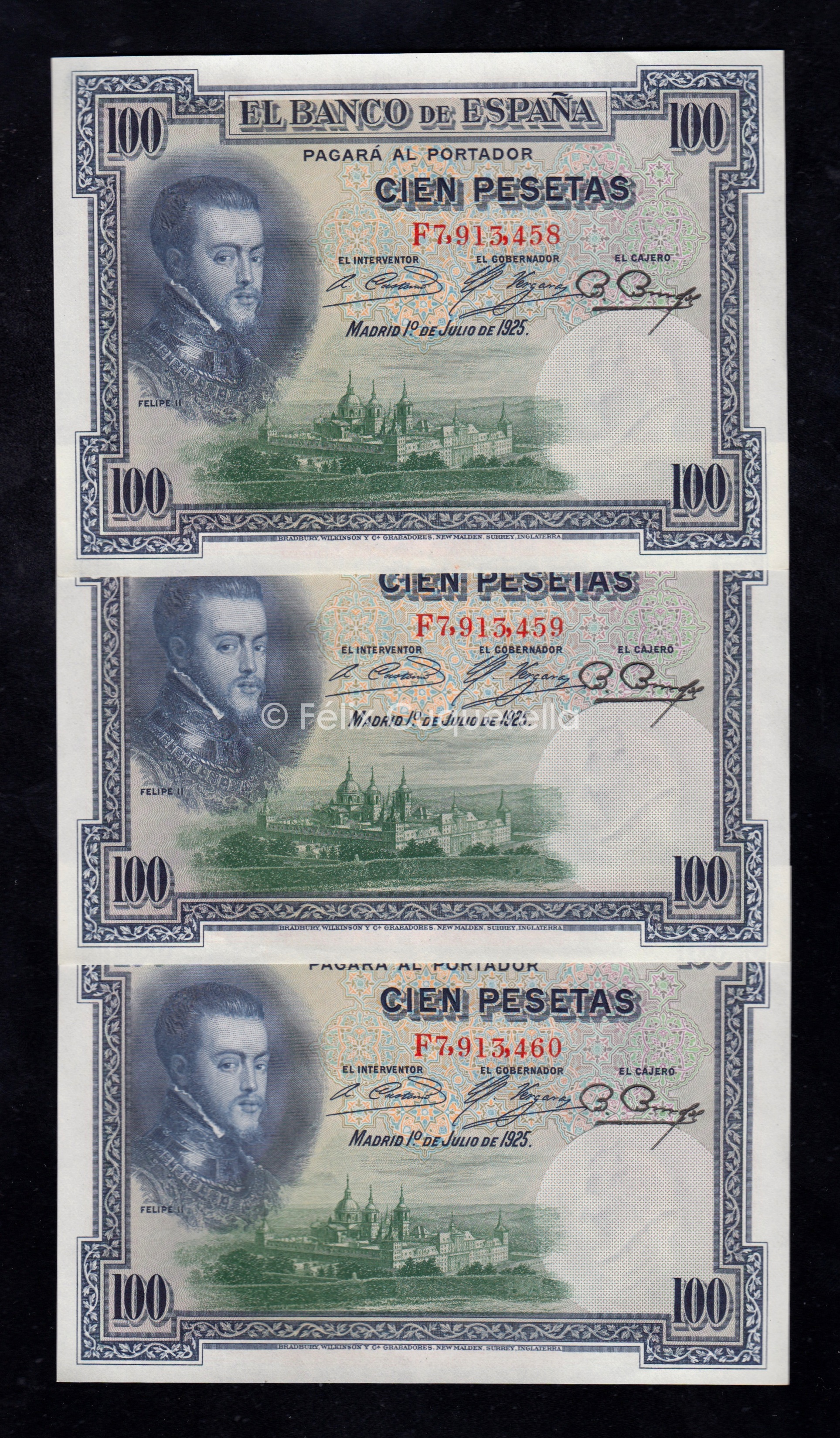 Trío correlativo 100 pesetas 1925, serie F, S/C- Trío correlativo 100 pesetas 1925, serie F, S/C-