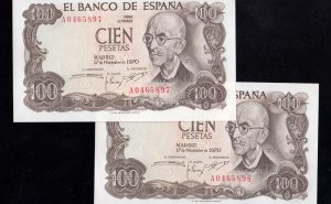 Pareja correlativa 100 pesetas 1970, serie A, S/C-