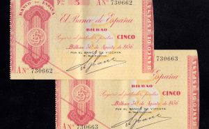 Banco de Bilbao 1936, pareja correlativa de 5 pesetas, serie A, EBC-, banco de Vizcaya