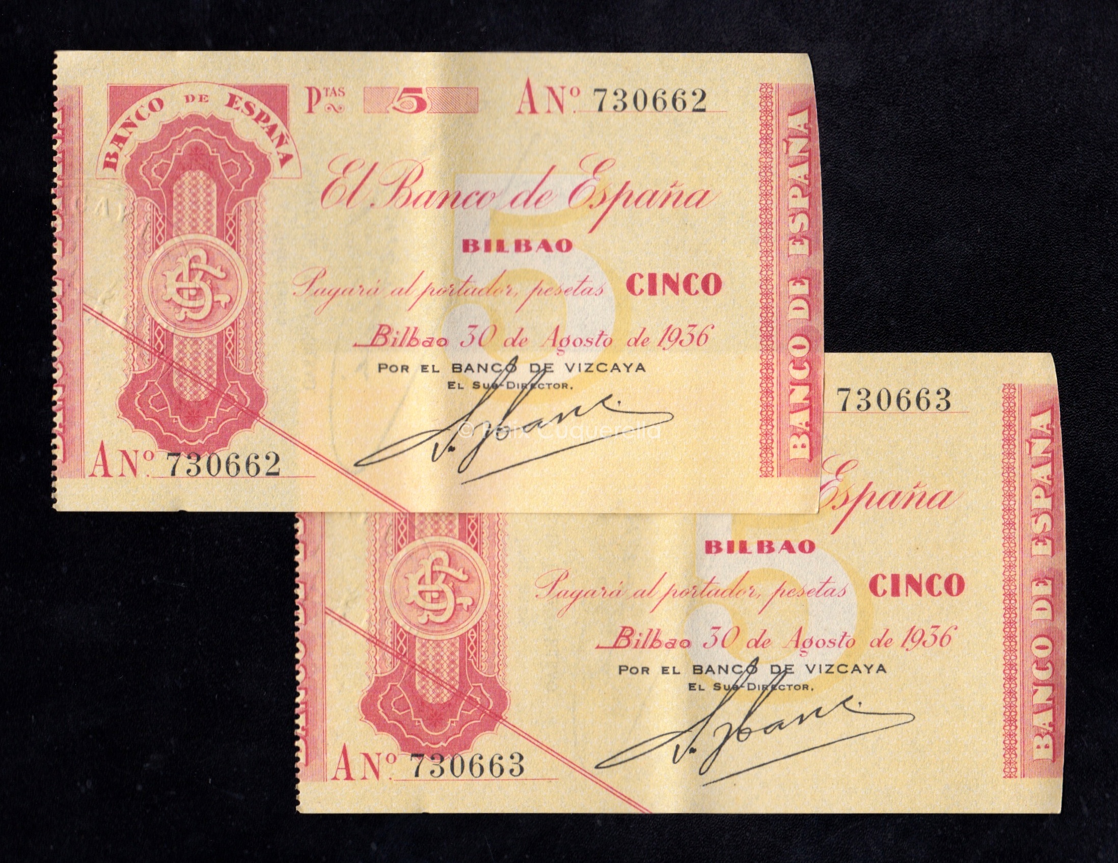 Banco de Bilbao 1936, pareja correlativa de 5 pesetas, serie A, EBC-, banco de Vizcaya Banco de Bilbao 1936, pareja correlativa de 5 pesetas, serie A, EBC-, banco de Vizcaya