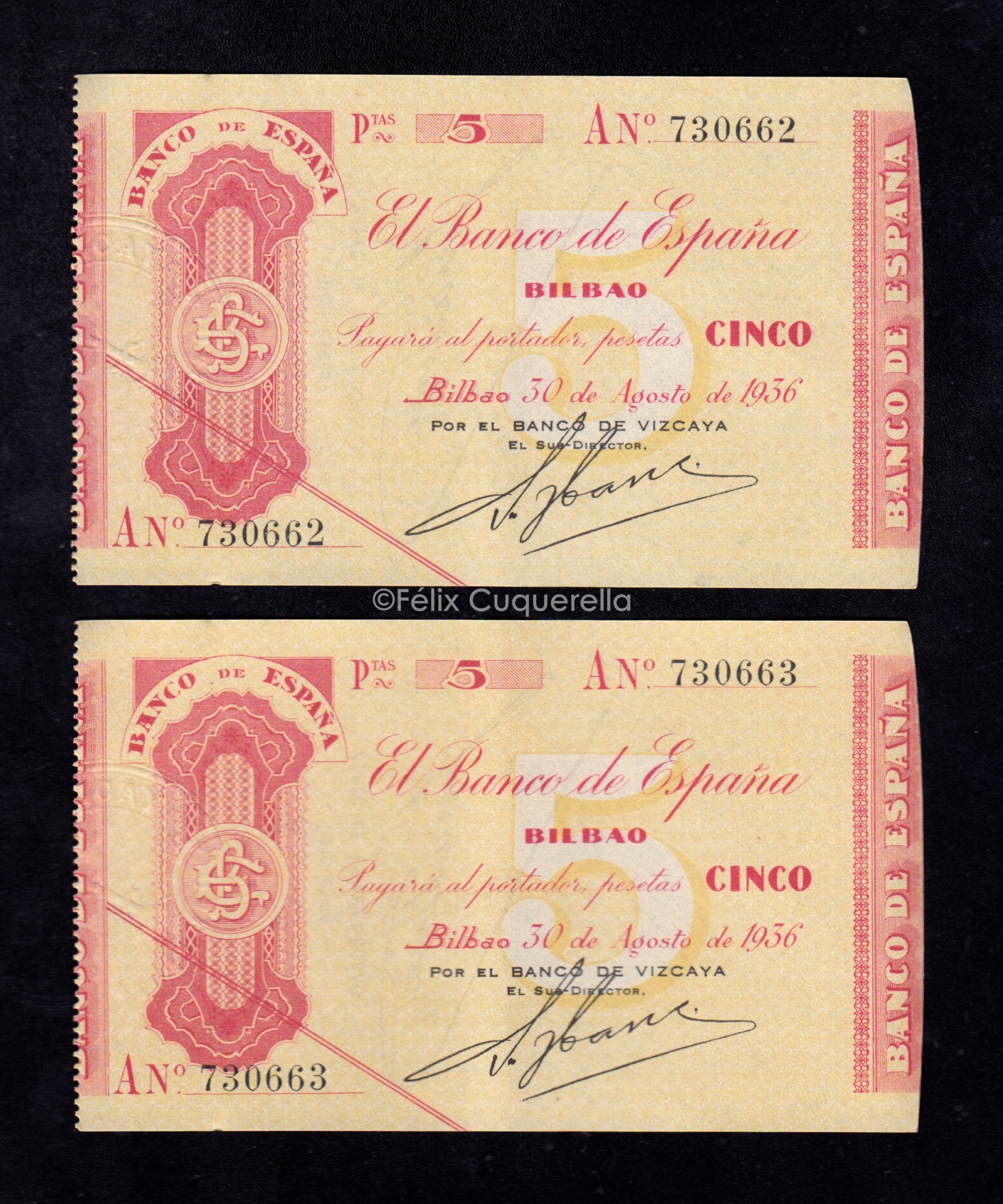 Banco de Bilbao 1936, pareja correlativa de 5 pesetas, serie A, EBC-, banco de Vizcaya Banco de Bilbao 1936, pareja correlativa de 5 pesetas, serie A, EBC-, banco de Vizcaya