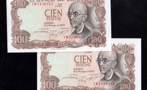 Pareja correlativa 100 Pesetas 1970, serie 7W (última serie), S/C