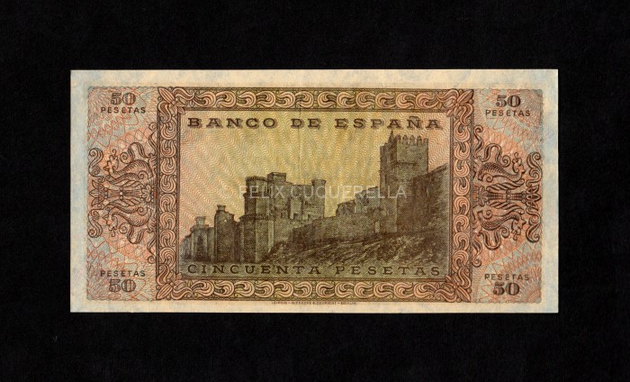 50 pesetas 1938, serie C, S/C-, pliegue de papel en el centro reverso 50 pesetas 1938, serie C, S/C-, pliegue de papel en el centro reverso