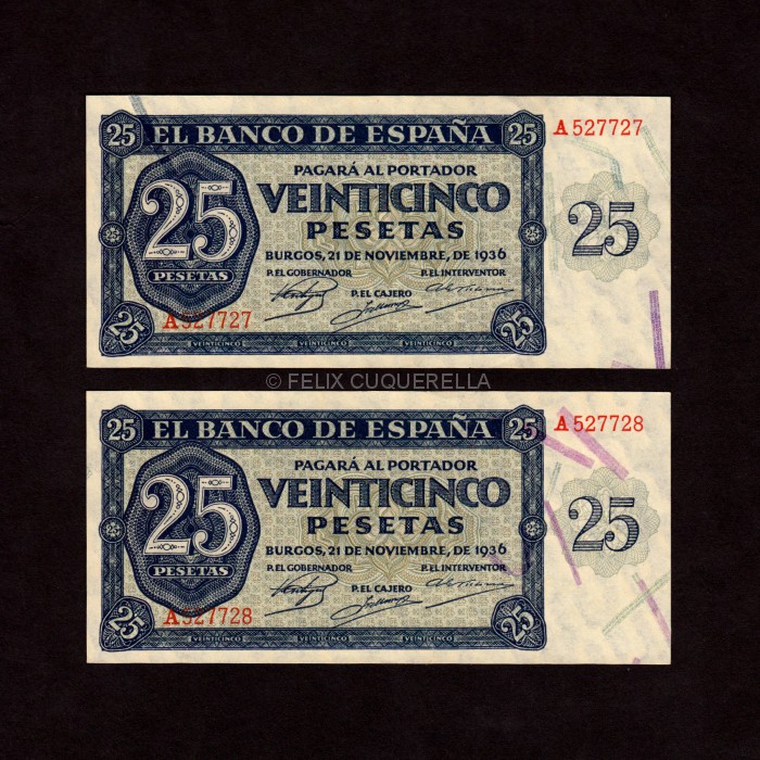 Pareja correlativa 25 pesetas 1936, serie A, S/C- anverso Pareja correlativa 25 pesetas 1936, serie A, S/C- anverso